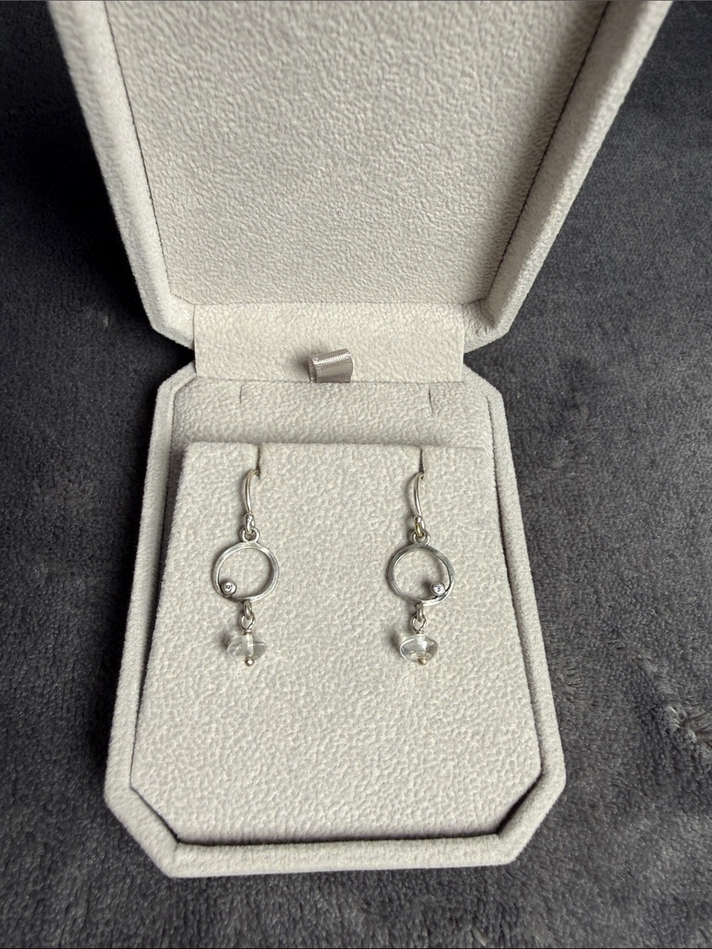 Delicate Silver Circle Drop Earrings with Crystal Accent